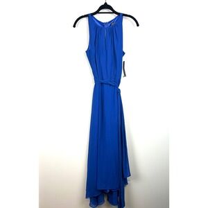 NWT Tahari Royal Blue Chiffon Keyhole Halter Midi Dress Size 4 Lined Belted